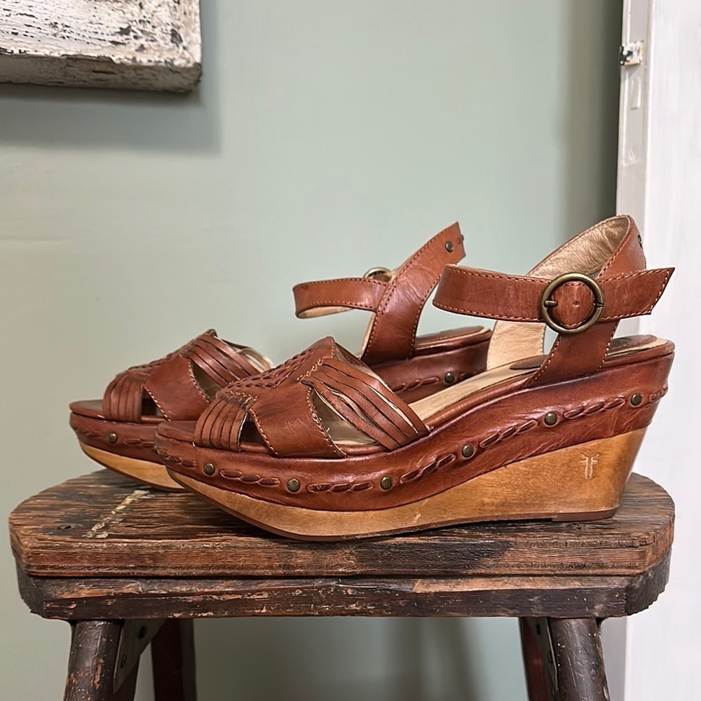 FRYE Carlie Huarache Ankle Brown Leather Wedge Sandals - Picture 3 of 14